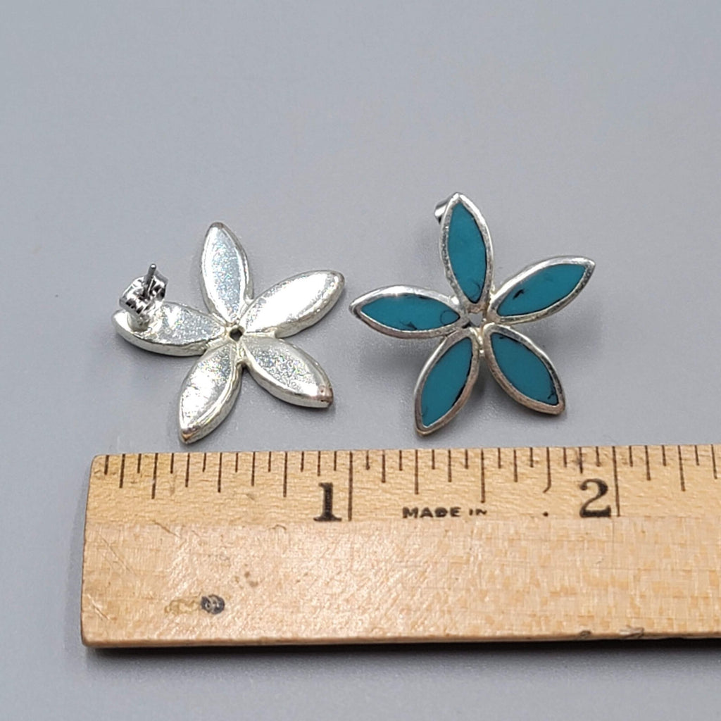 Flower Pierced Earrings Silver tone Blue Accent Petals Drop 1"