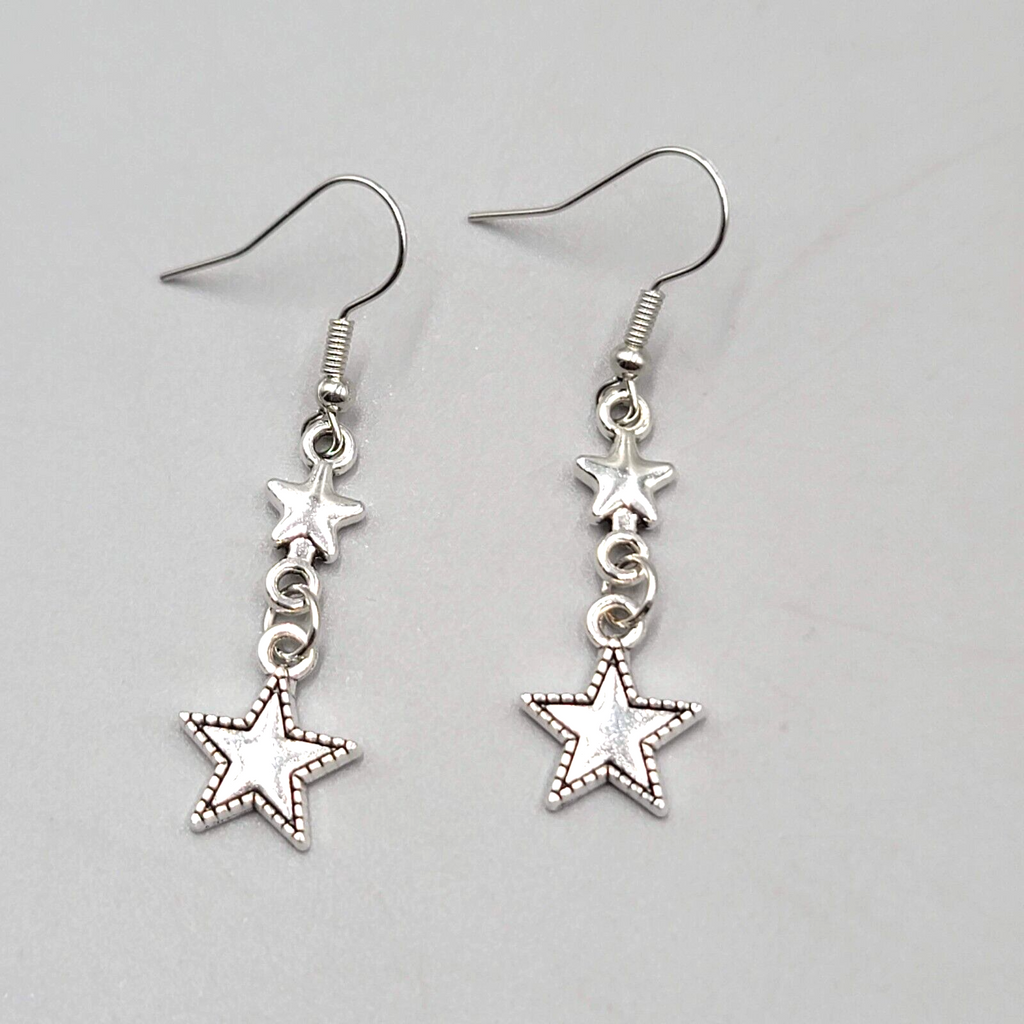 Stars Pierced Earrings Silver tone Embossed Dangle New 1 1/8"