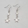 Stars Pierced Earrings Silver tone Embossed Dangle New 1 1/8"
