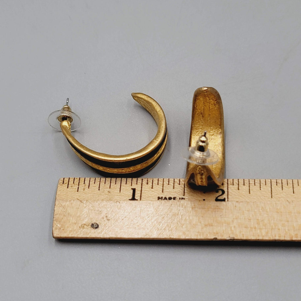 Hoop Pierced Earrings Brushed Gold Plated Black Enamel Drop 1.25"