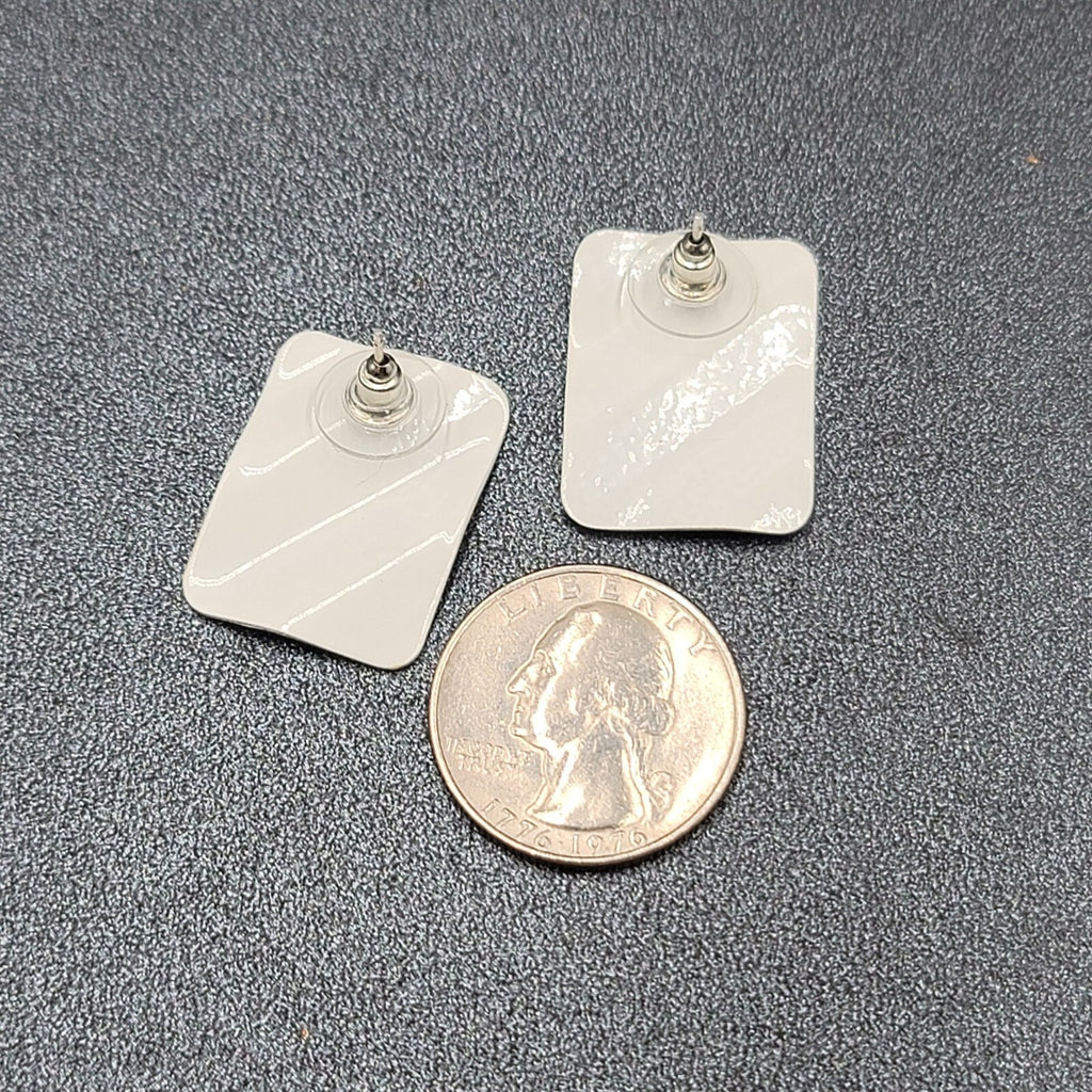 Vintage Pierced Earrings Peach Sage Enamel Rectangle Drop 1"