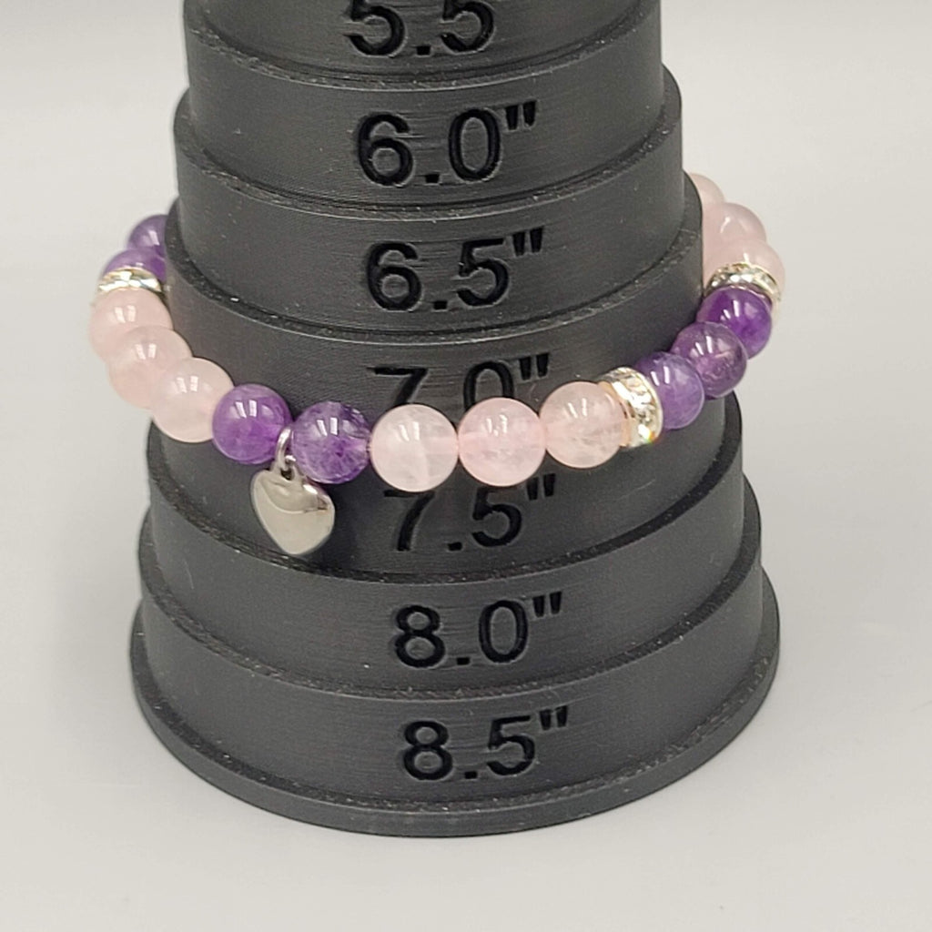 Pink Quartz and Amethyst Bead Bracelet Elastic Rhinestone Spacers Heart Charm