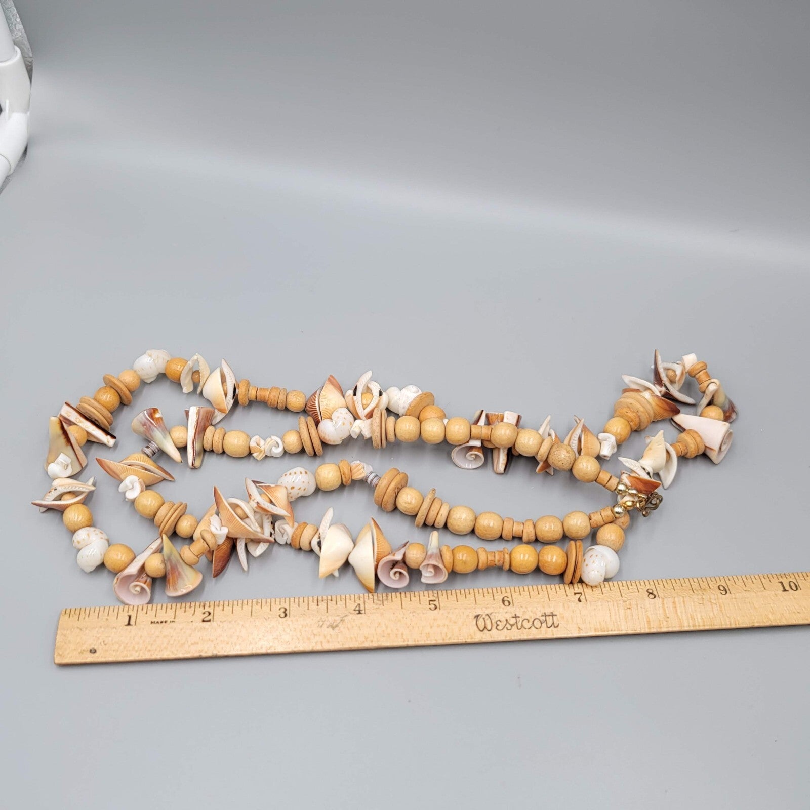 Vintage Necklace Wood Bead Shell Pieces LONG Unique Beach Summer 40"