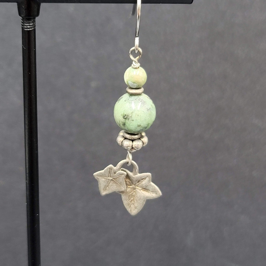Pierced Earrings Silver tone Green Stone Dangle Leaves 1 3/8"