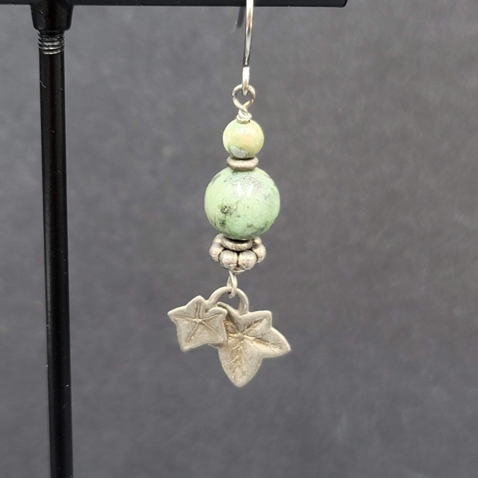 Pierced Earrings Silver tone Green Stone Dangle Leaves 1 3/8"