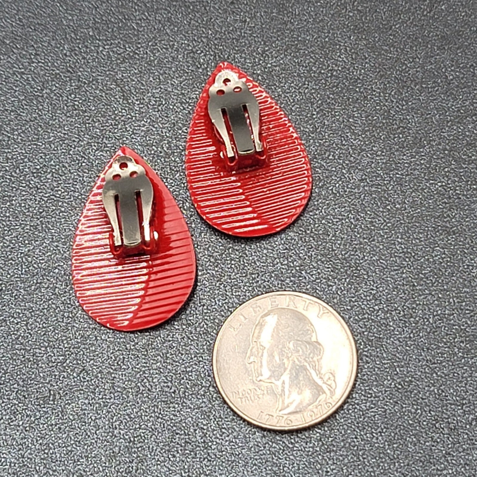 Vintage Clip on Earrings Red Enamel Ribbed Teardrop 1.25"
