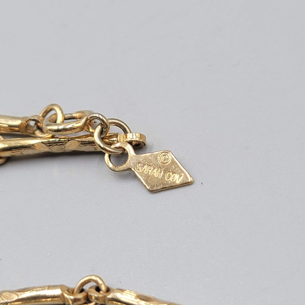 Vintage Sarah Cov Long Station Necklace Blue Bead Gold tone Bar Chain 36"