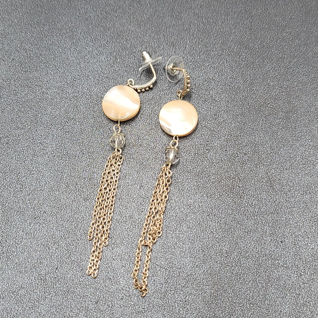 Pierced Earrings Silver tone Mother of Pearl Disc Dangle Chains 3.5"