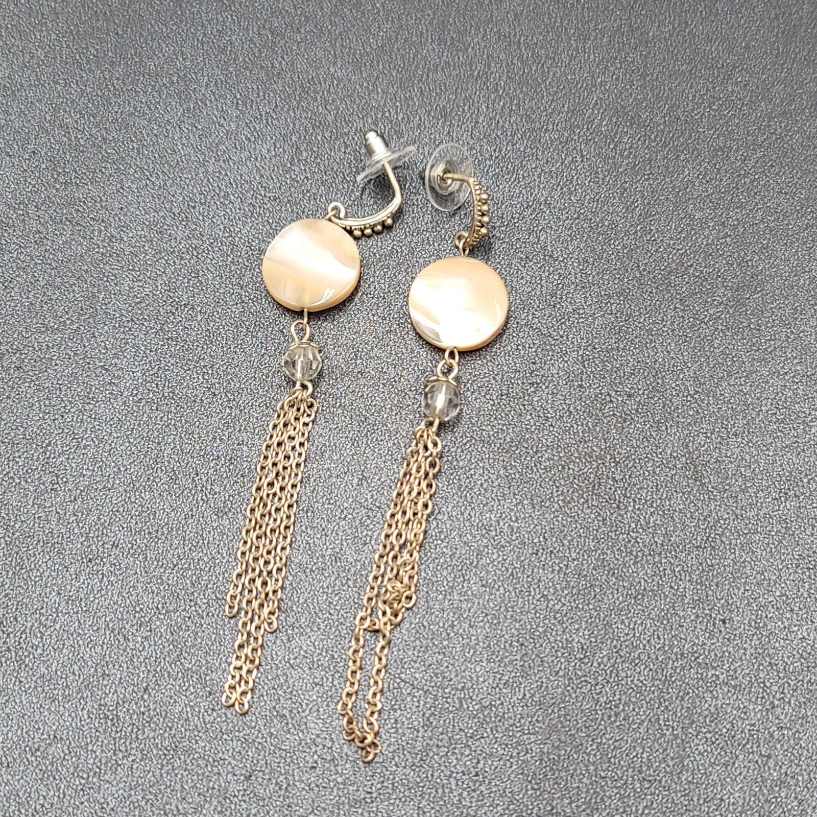 Pierced Earrings Silver tone Mother of Pearl Disc Dangle Chains 3.5"