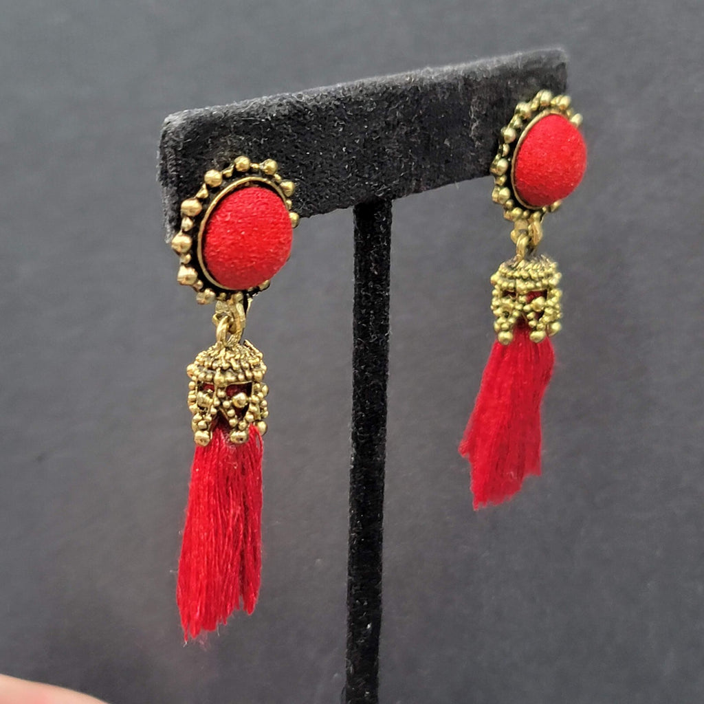 Boho Pierced Earrings Antiqued Gold tone Red String Tassel 2"