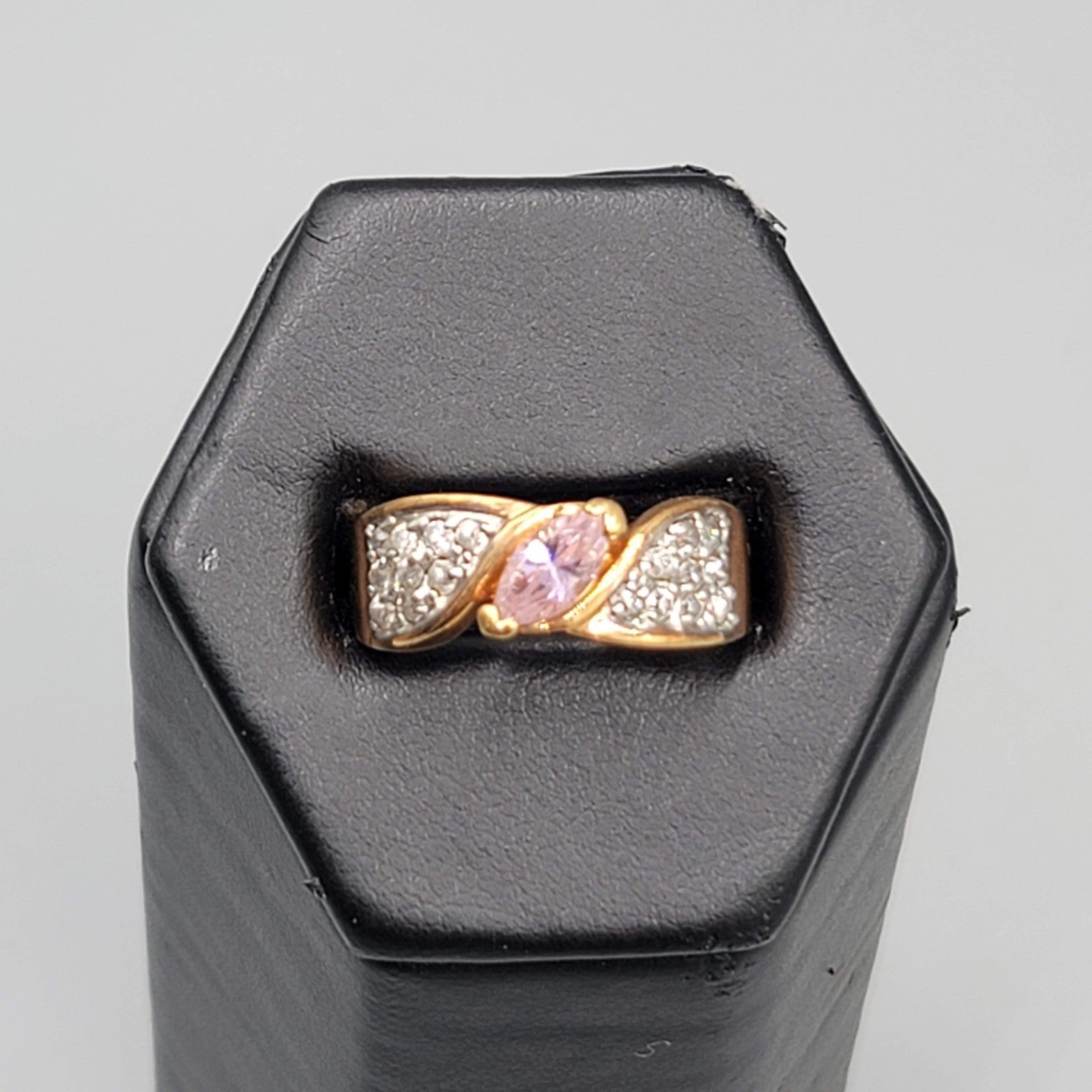Vintage EDCO Sterling Silver Cocktail Ring Pink CZ Stone Gold Vermeil Size 8