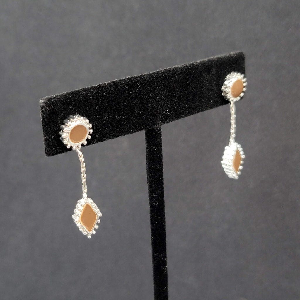 Pierced Earrings Silver tone Brown Enamel Dangle Unique Design  1.25"