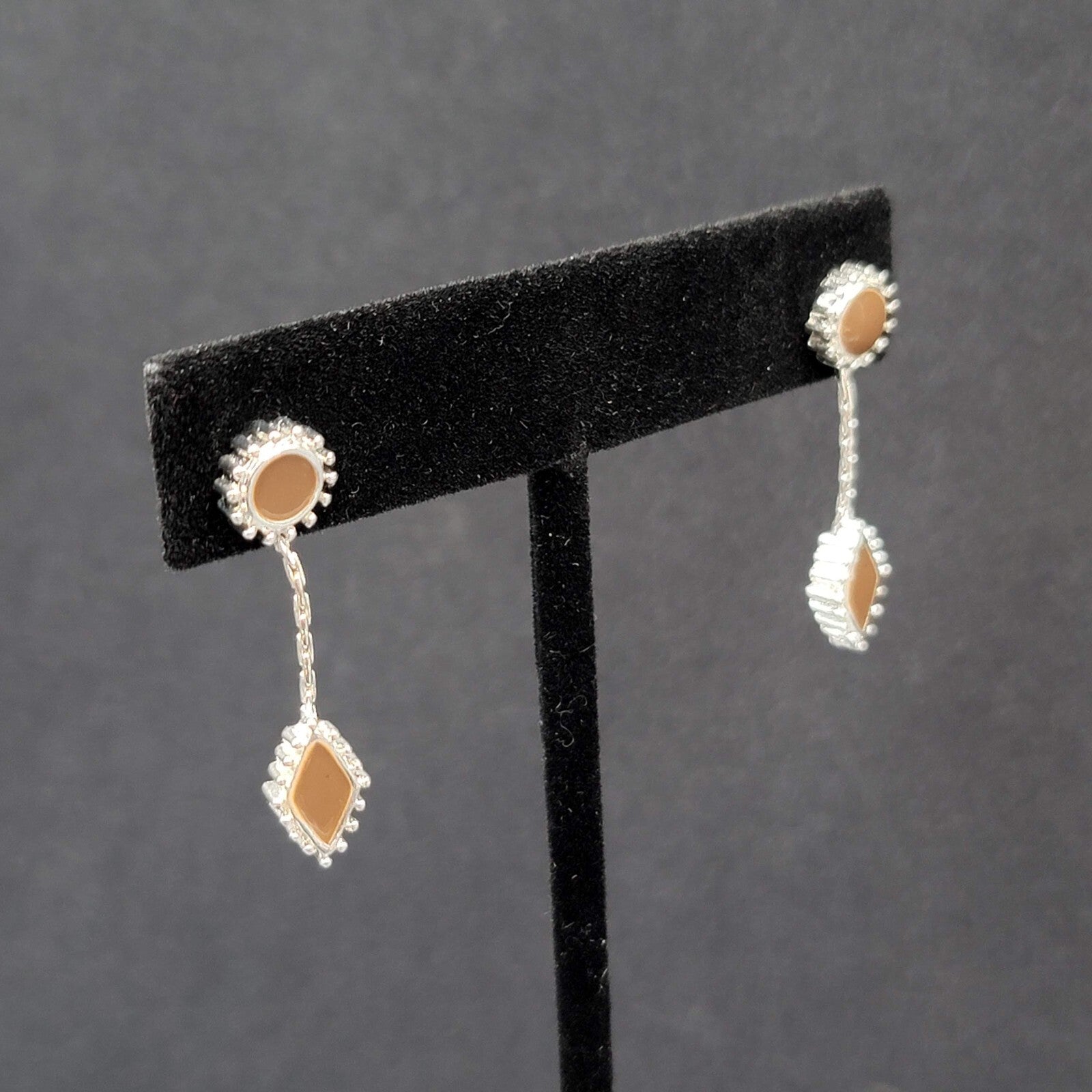 Pierced Earrings Silver tone Brown Enamel Dangle Unique Design  1.25"