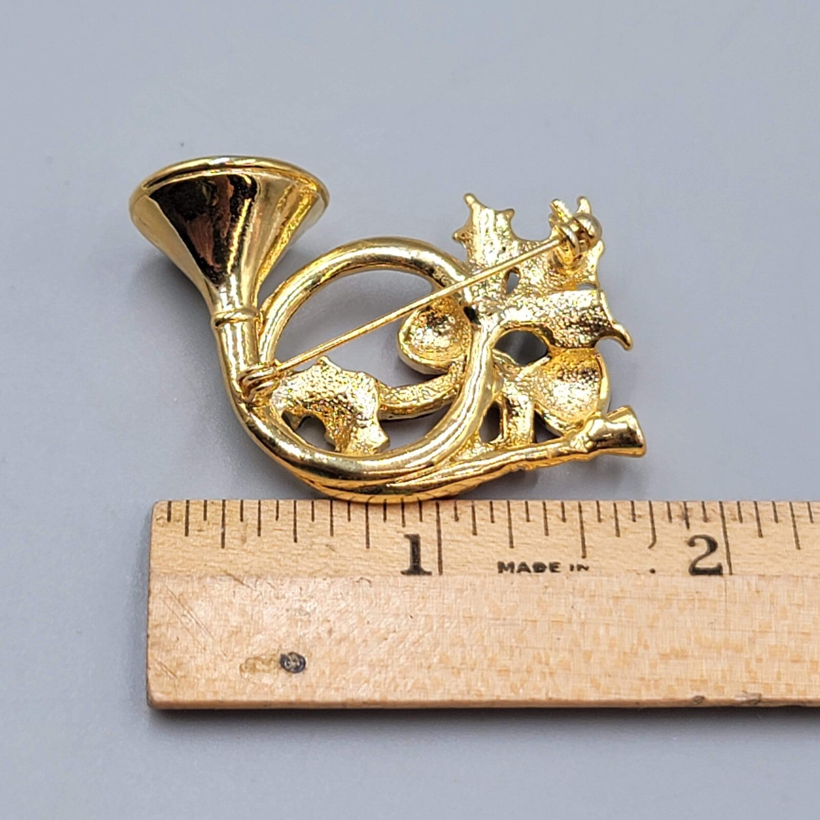 Vintage Christmas Brooch French Horn Enamel Rhinestone Gold Plated 1.75"