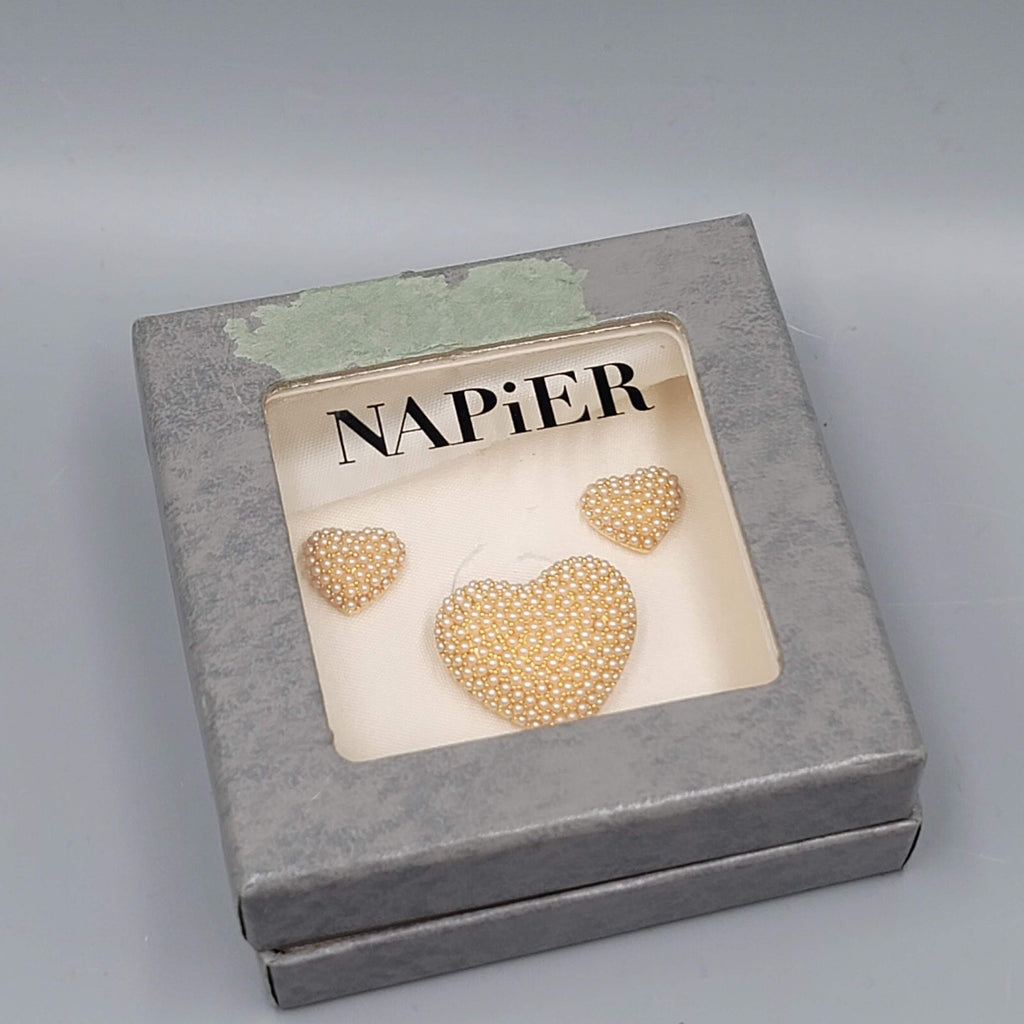 Napier Faux Pearl Cluster Heart Brooch Pierced Earrings Set Matching Pendant