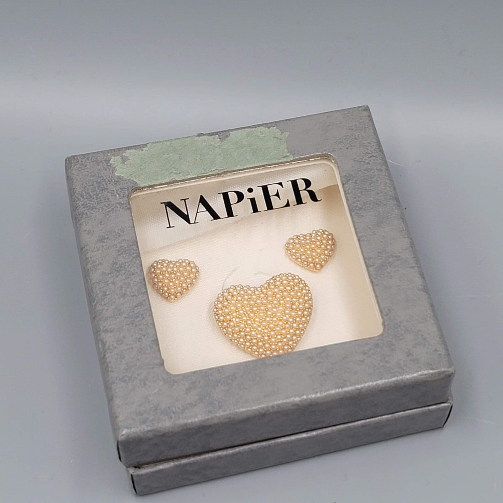 Napier Faux Pearl Cluster Heart Brooch Pierced Earrings Set Matching Pendant