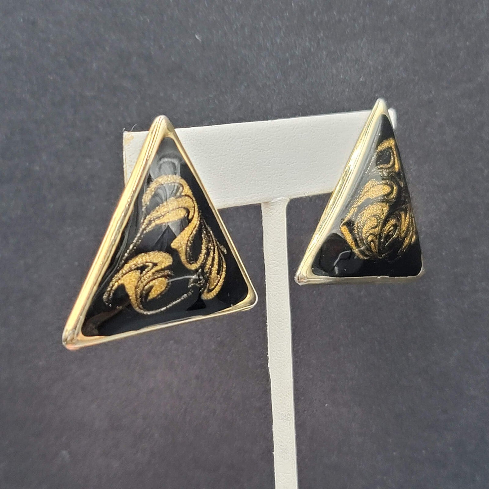 Vintage Clip on Earrings Black Gold Enamel Triangle Large Statement 1 3/8"