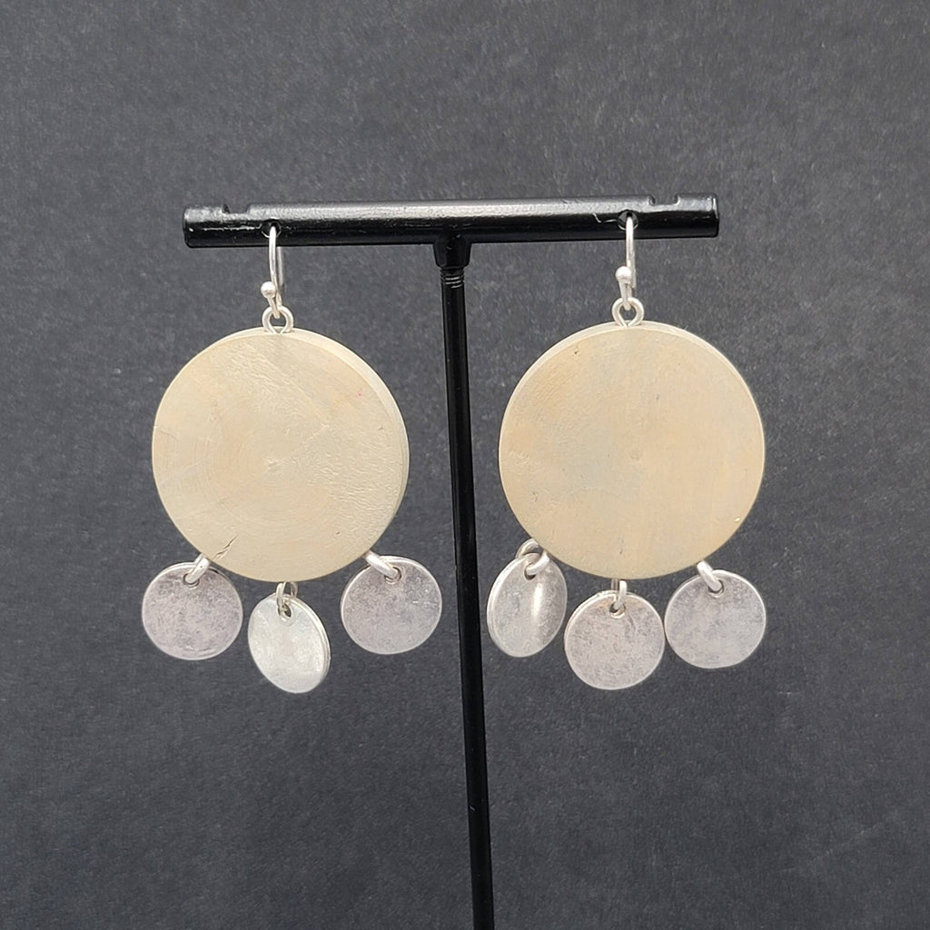 Pierced Earrings Round Wood Silver tone Discs 1.75"