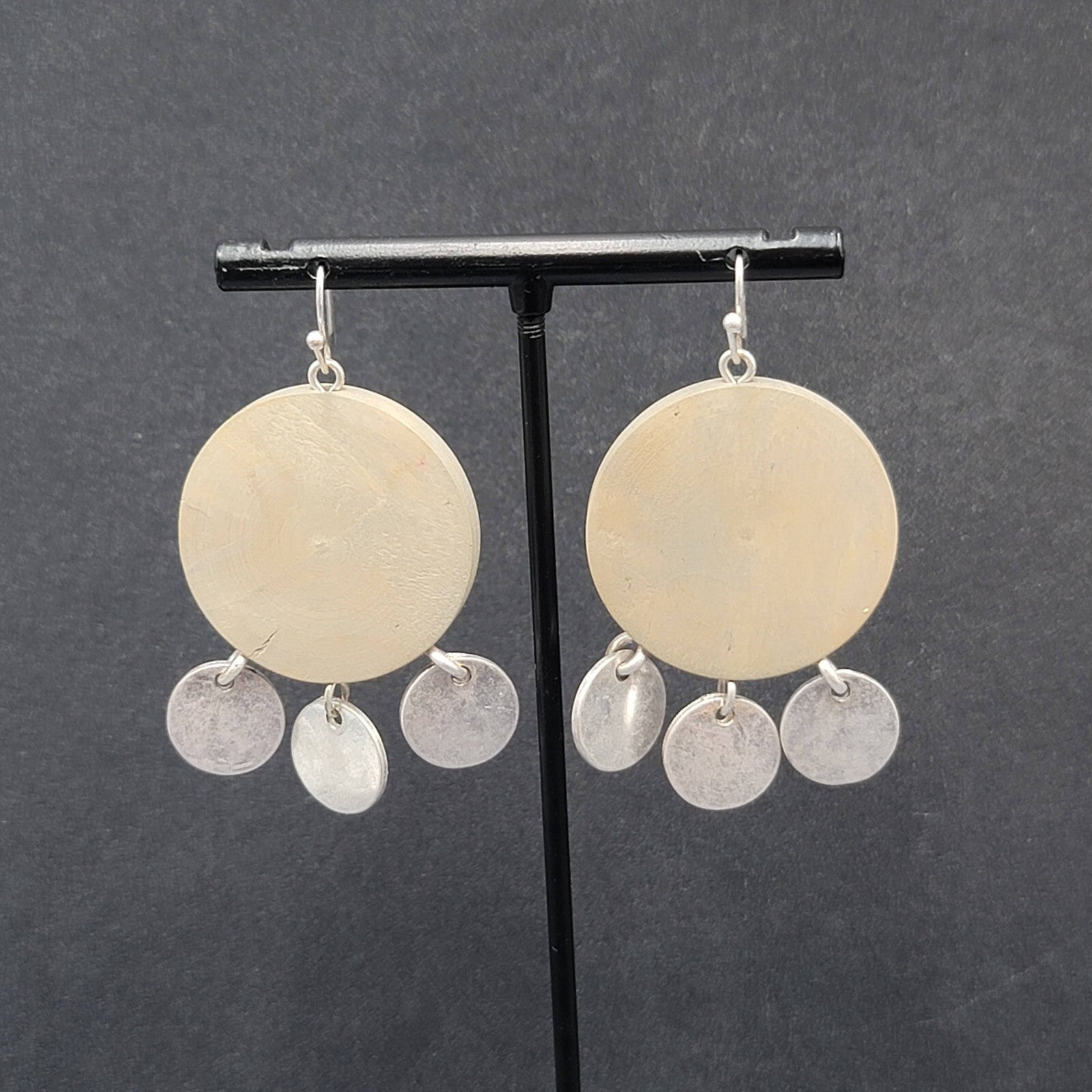 Pierced Earrings Round Wood Silver tone Discs 1.75"