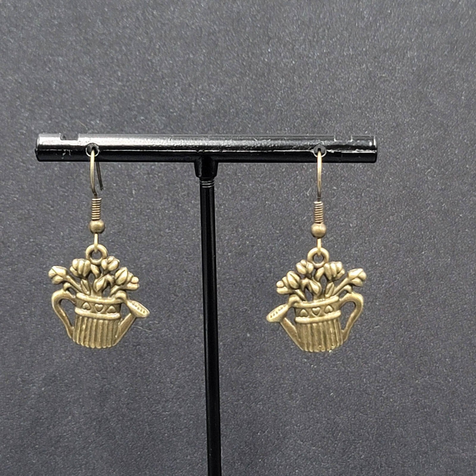Garden Water Can Flowers Pierced Earrings Bronze tone Embossed Dangle 1" FS