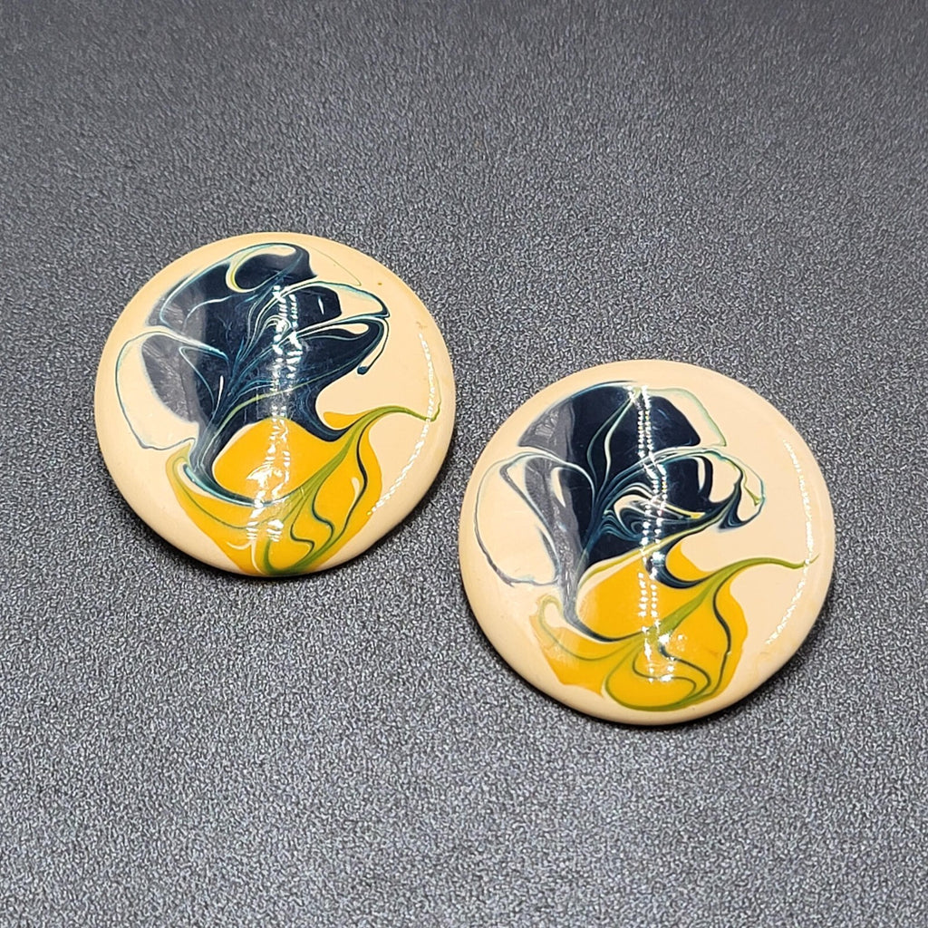 Vintage Pierced Earrings Large Round Yellow Blue Cream Enamel 1.75"