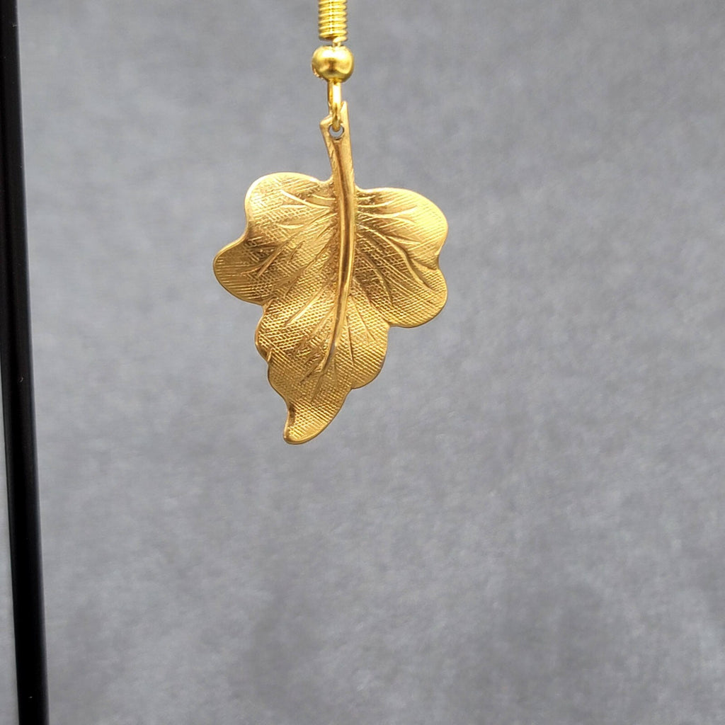 Pierced Earrings Brushed Gold Plated Dangle Detailed Leaves 1 1/8"