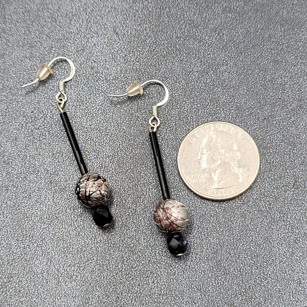 Pierced Earrings Silver tone Black Glass Bead Hand Painted 1.75"