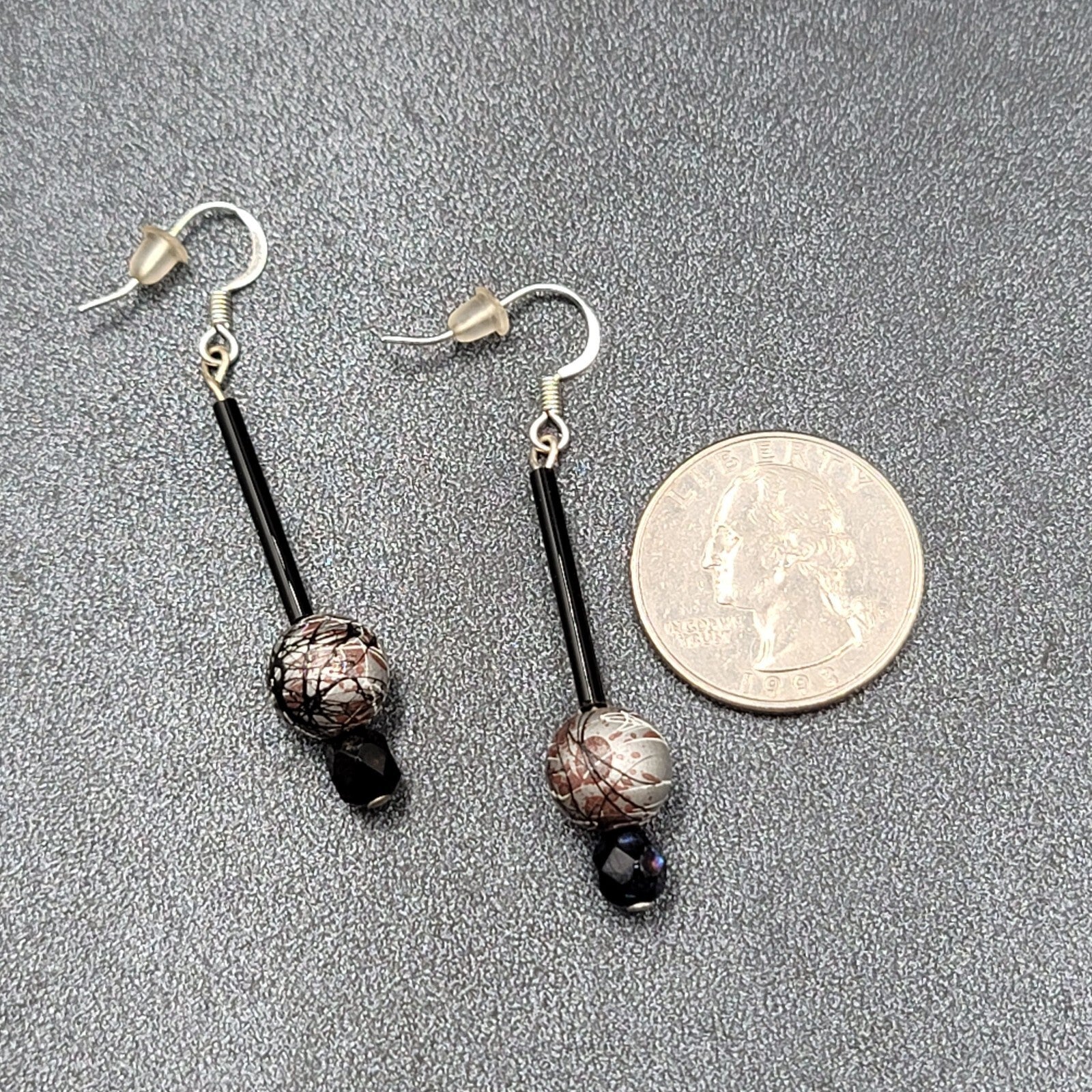 Pierced Earrings Silver tone Black Glass Bead Hand Painted 1.75"