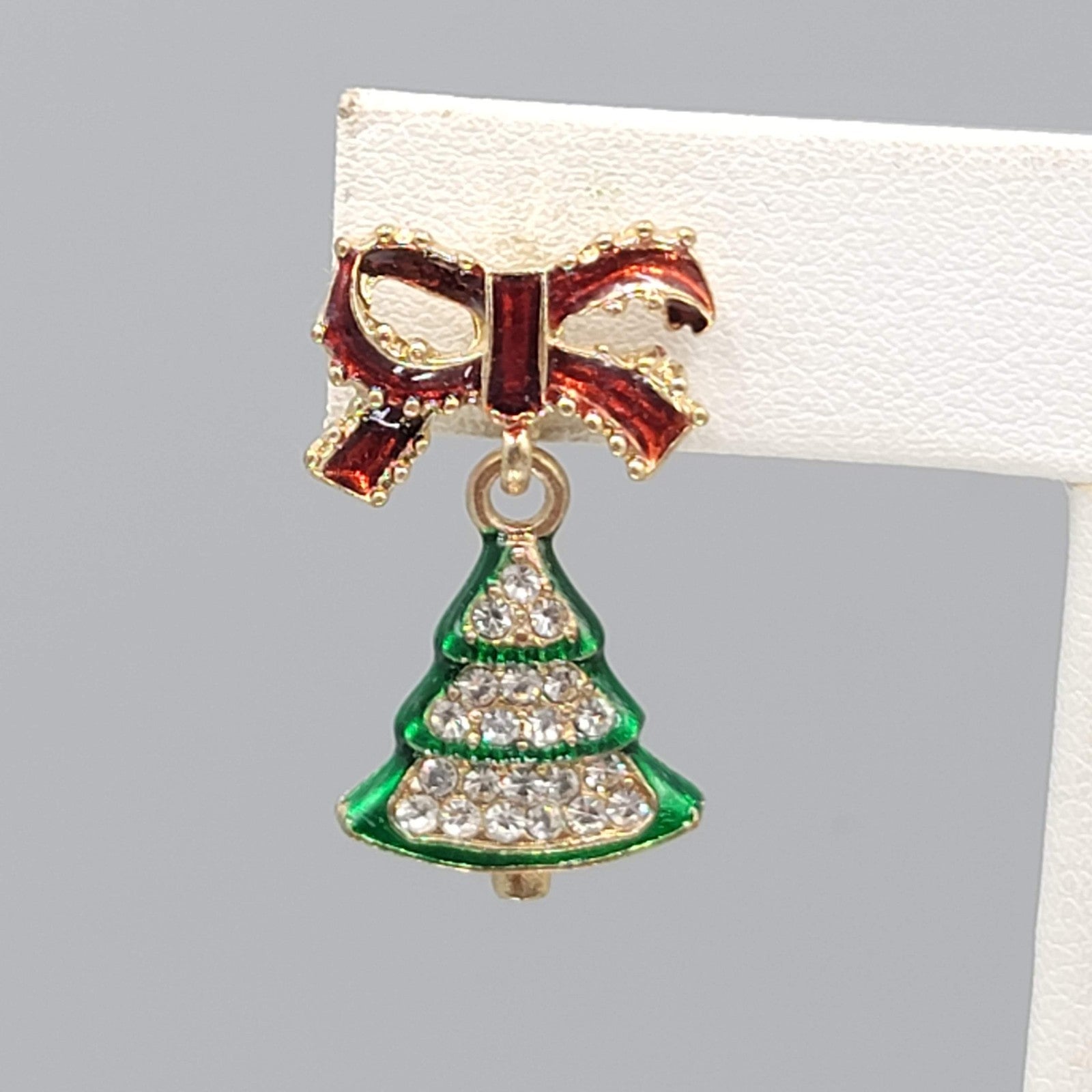 Christmas Tree Enamel Rhinestone Pierced Earrings Gold tone Dangle 1"