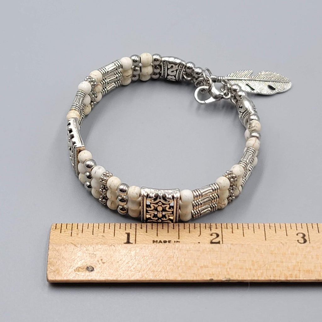White Stone Bead Bracelet Triple Strand Silver tone Feather Charm 6.75"