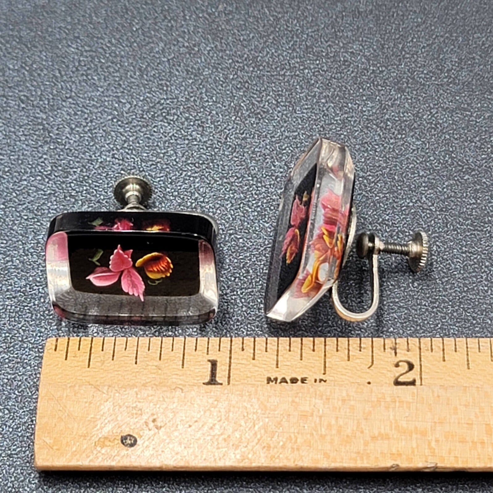 Vintage Clip on Earrings Reverse Carved Lucite Flower Drop 7/8"