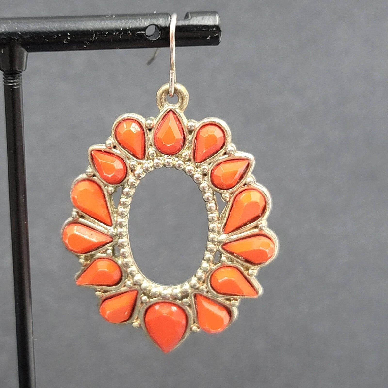 Pierced Earrings Gold tone Orange Open Teardrop Dangle 1.75"