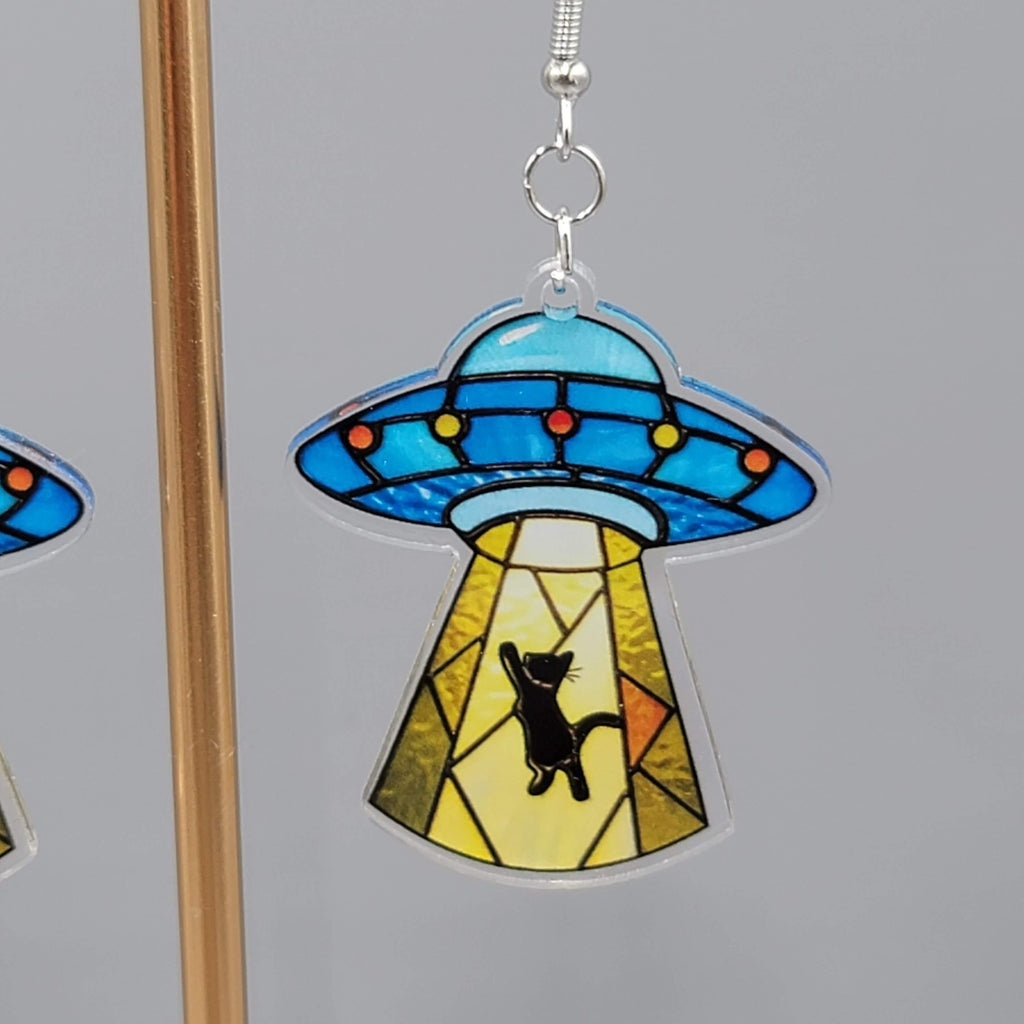 UFO Beam Black Kitty Cat Dangle Pierced Earrings Silver tone New 1.75"