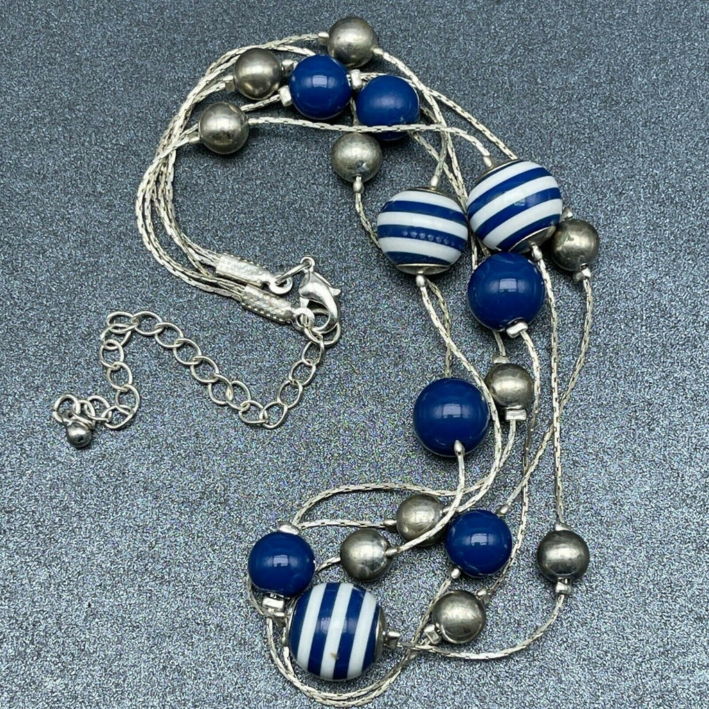 Vintage Silver tone Triple Chain Blue Stripe Bead Station Necklace 15.5" - 17.5"