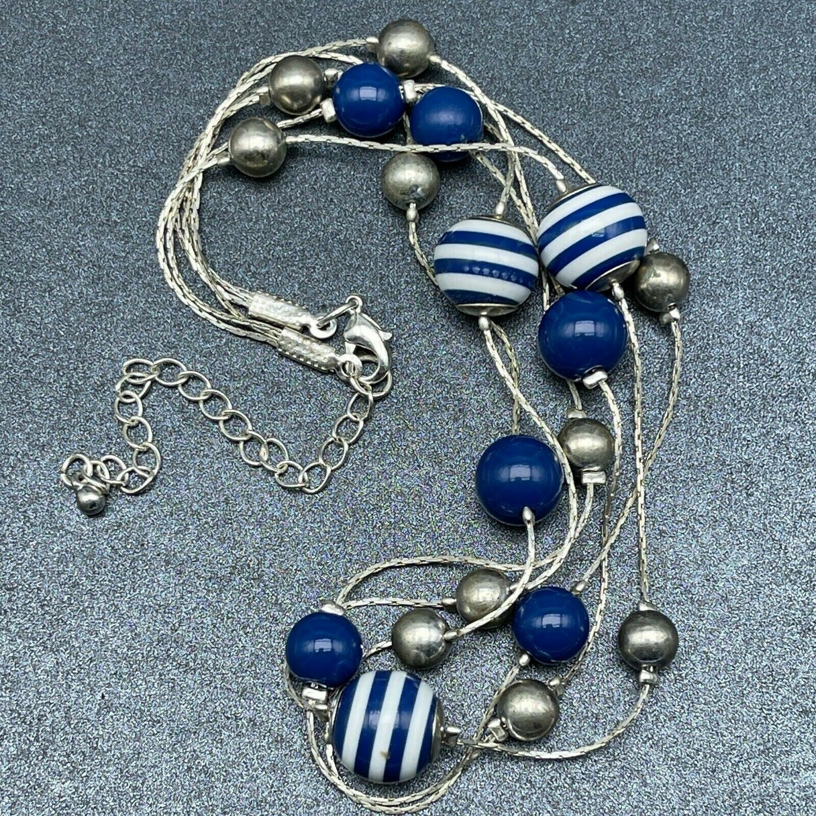Vintage Silver tone Triple Chain Blue Stripe Bead Station Necklace 15.5" - 17.5"