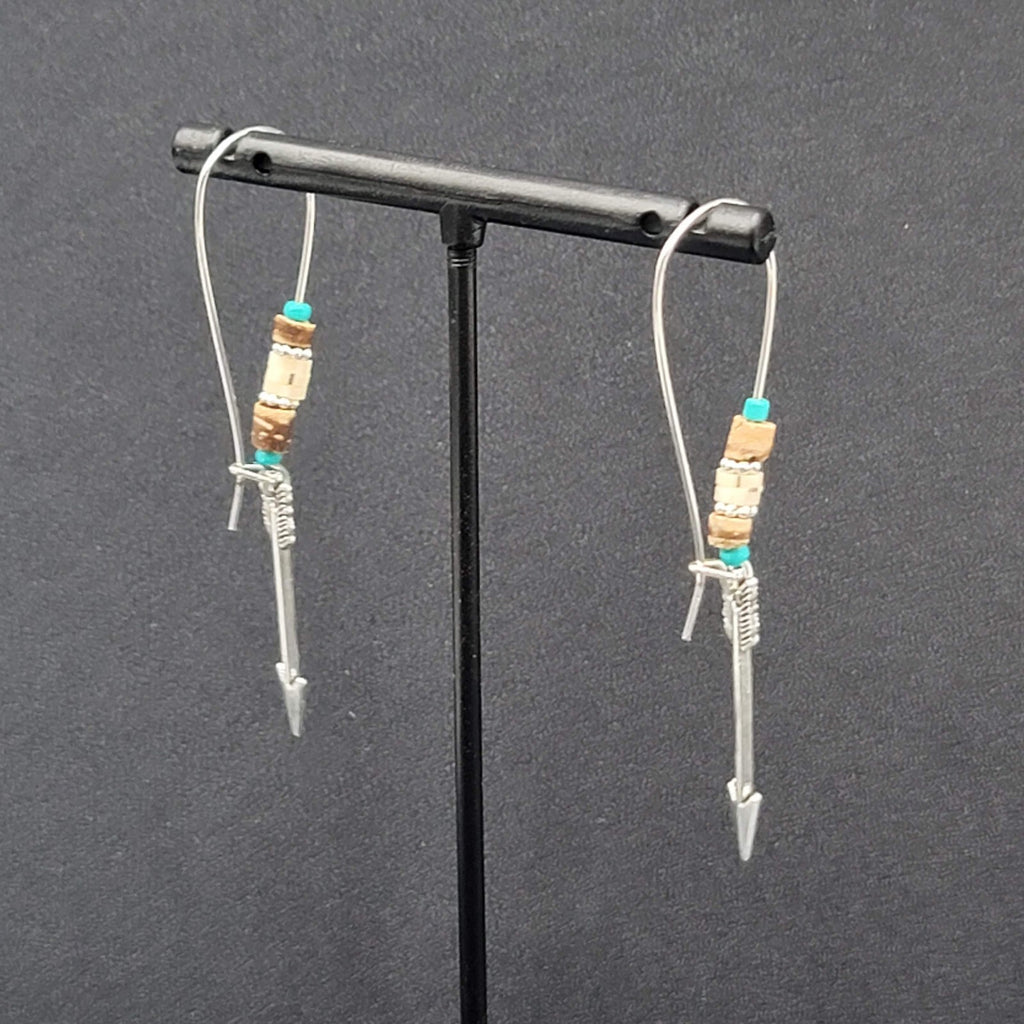 Pierced Earrings Silver tone Beaded Feather Dangle 2.5"