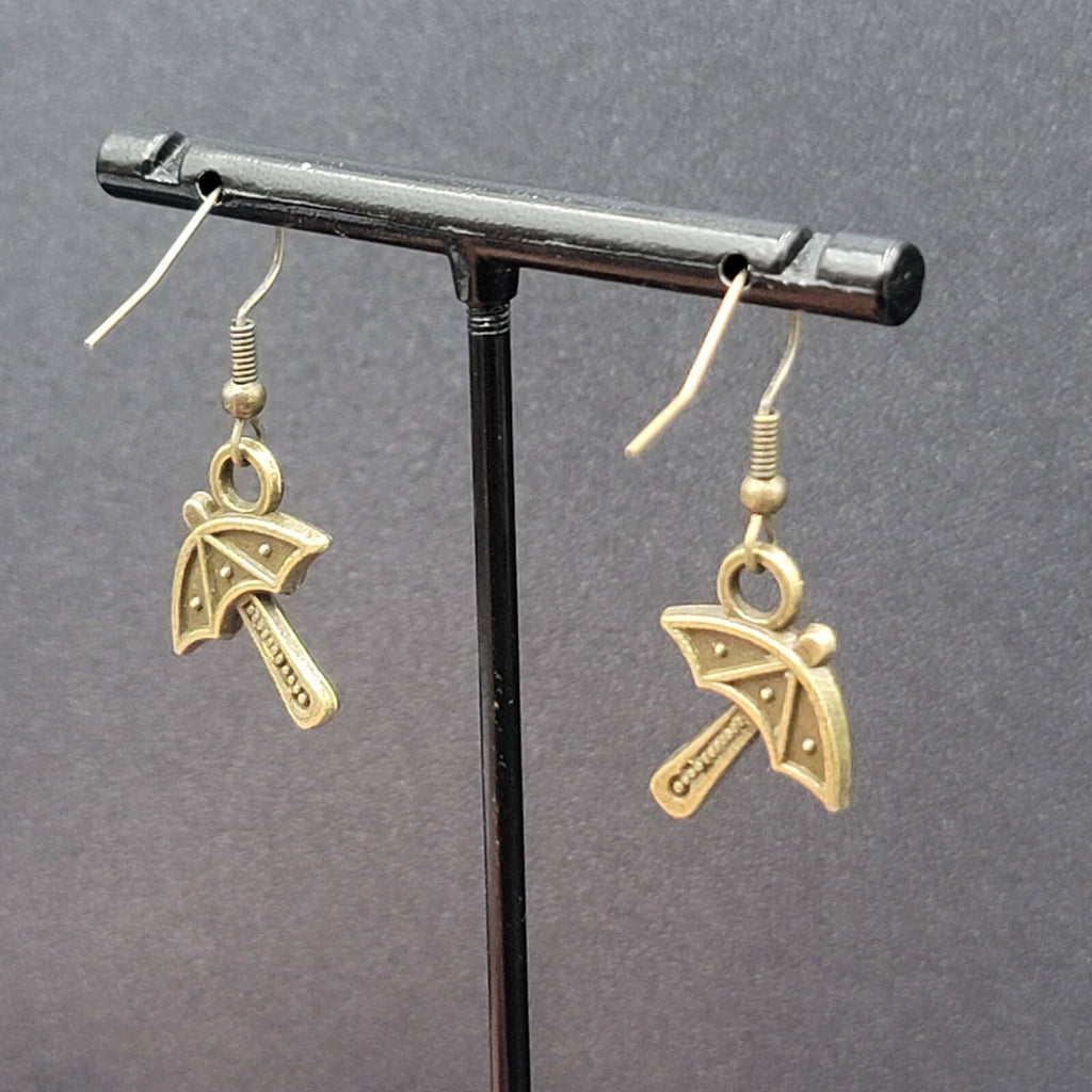 New Umbrella Pierced Earrings Embossed Bronze tone Dangle 3/4"