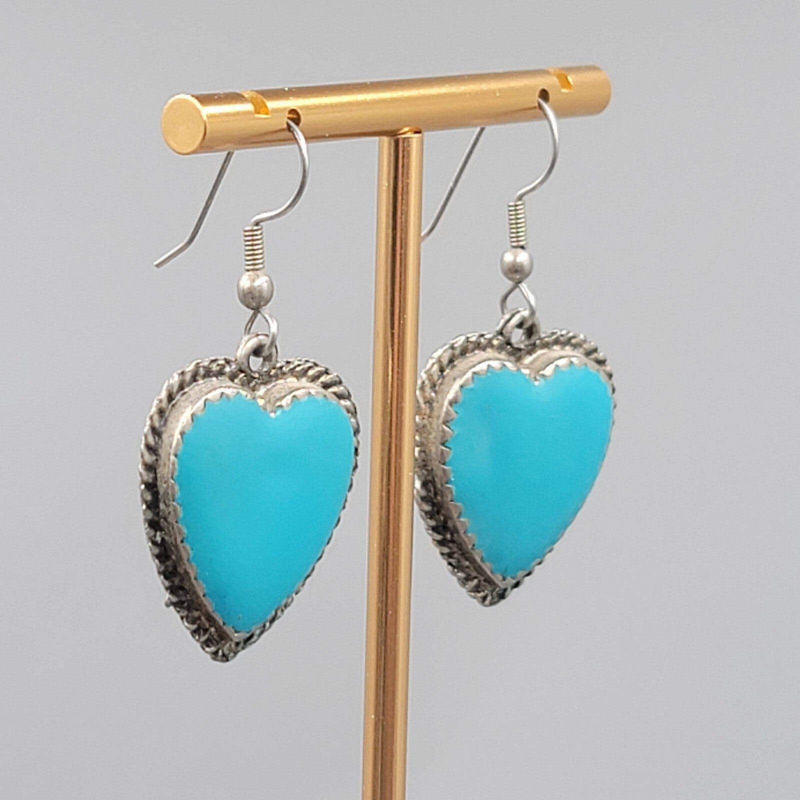 Vintage Heart Pierced Earrings Blue Enamel Southwest Statement Dangle  1 1/8"