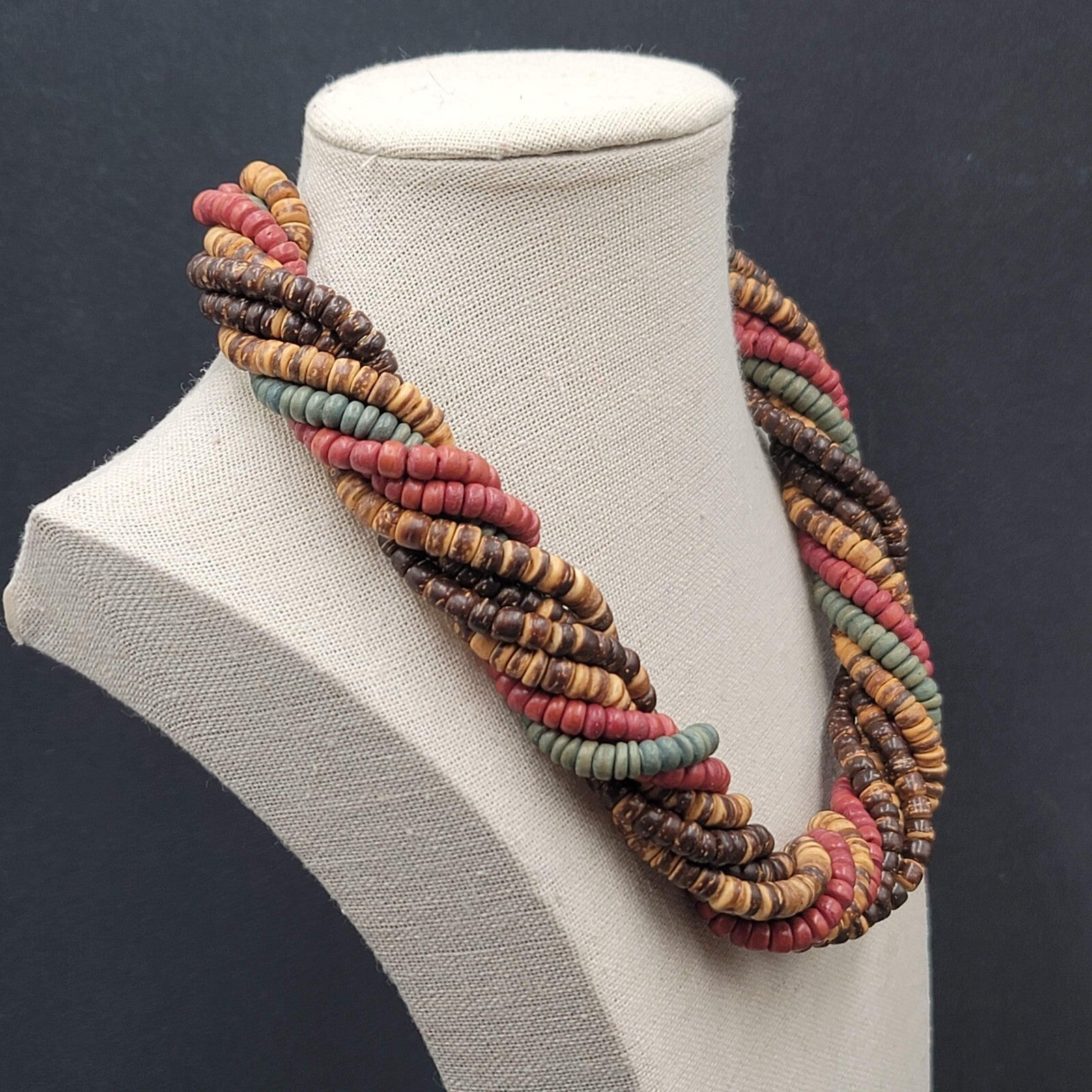 Vintage Coir Coconut Beads Necklace Multicolor Twist Statement 18"-20"