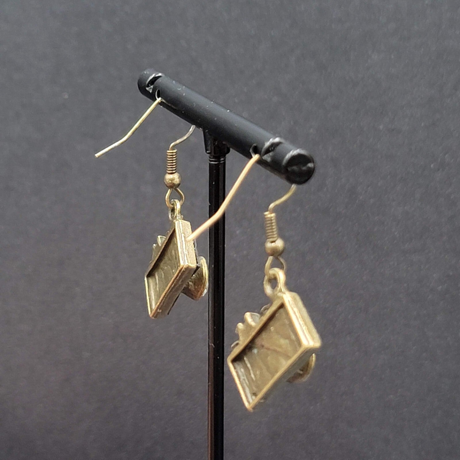 New Rhinestone Camera Pierced Earrings Bronze tone Dangle 3/4"