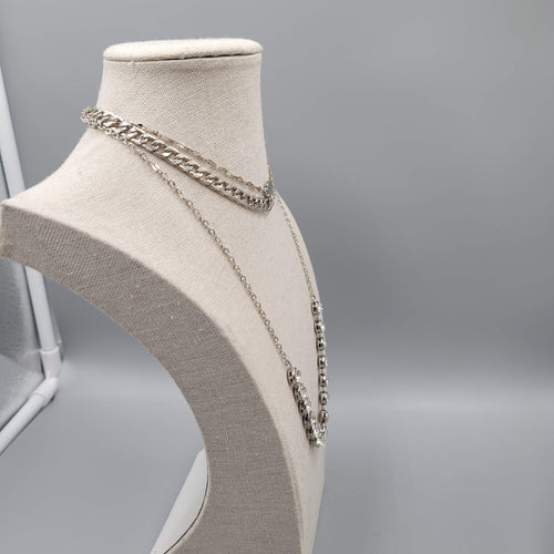 Choker Layered Chain Necklace Silver tone Chains Rhinestones 12"-15" & 21"+