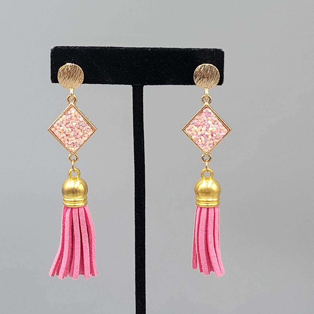 Pink Tassel Pierced Earrings Gold tone Dangle Long 3"