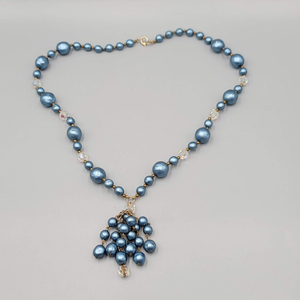 Vintage Faux Pearl Bead Necklace 24" Crystal Aurora Borealis Dangle Gold Tone