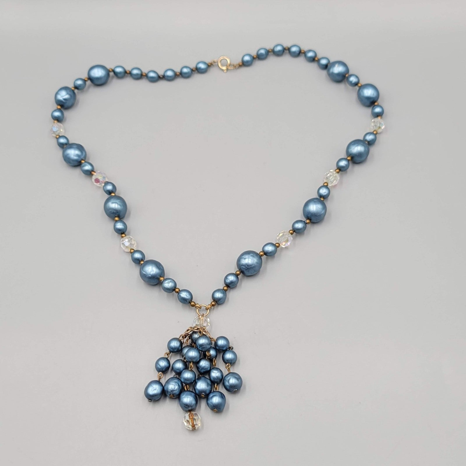 Vintage Faux Pearl Bead Necklace 24" Crystal Aurora Borealis Dangle Gold Tone