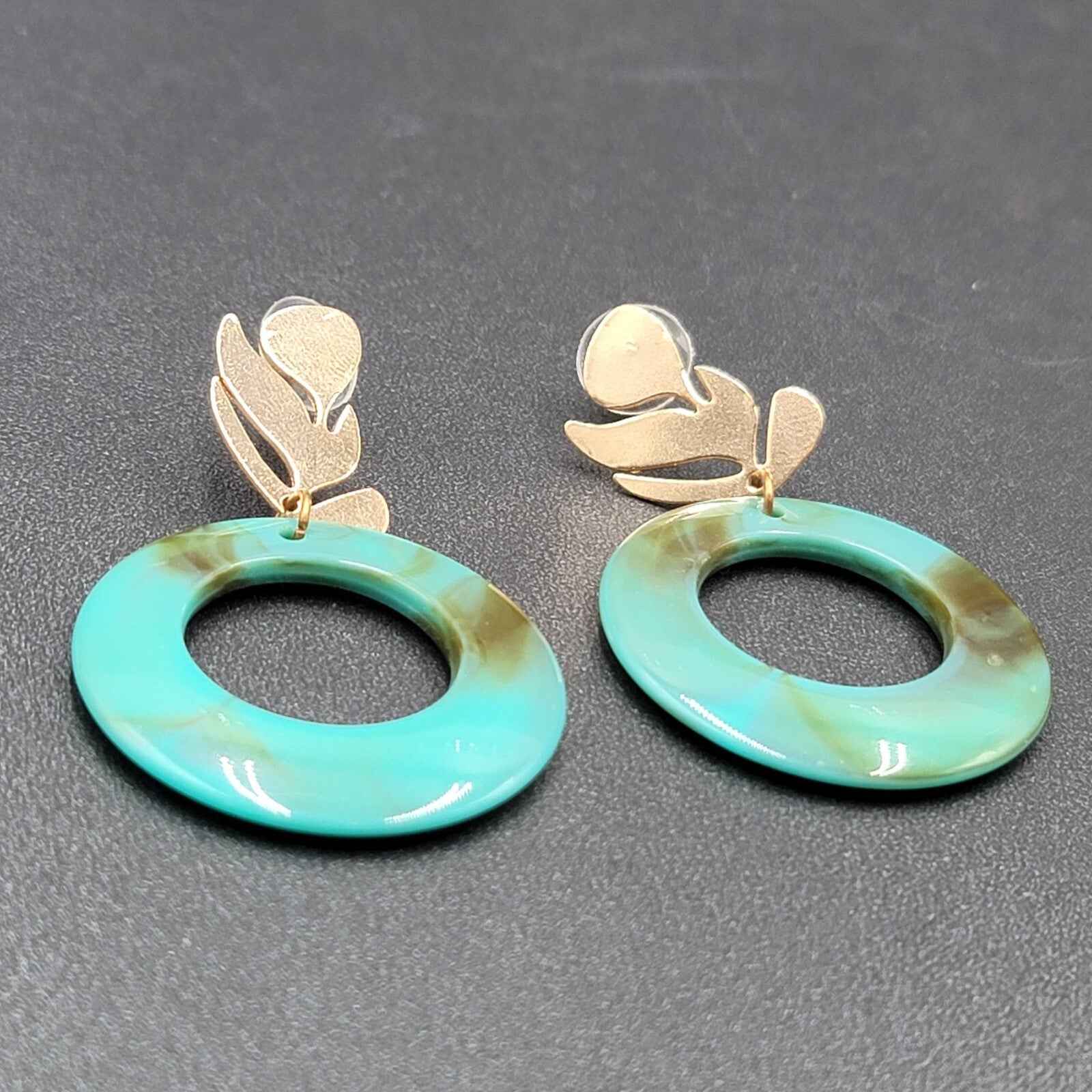 Pierced Earrings Gold tone Turquoise Acrylic Lightweight 2.25"