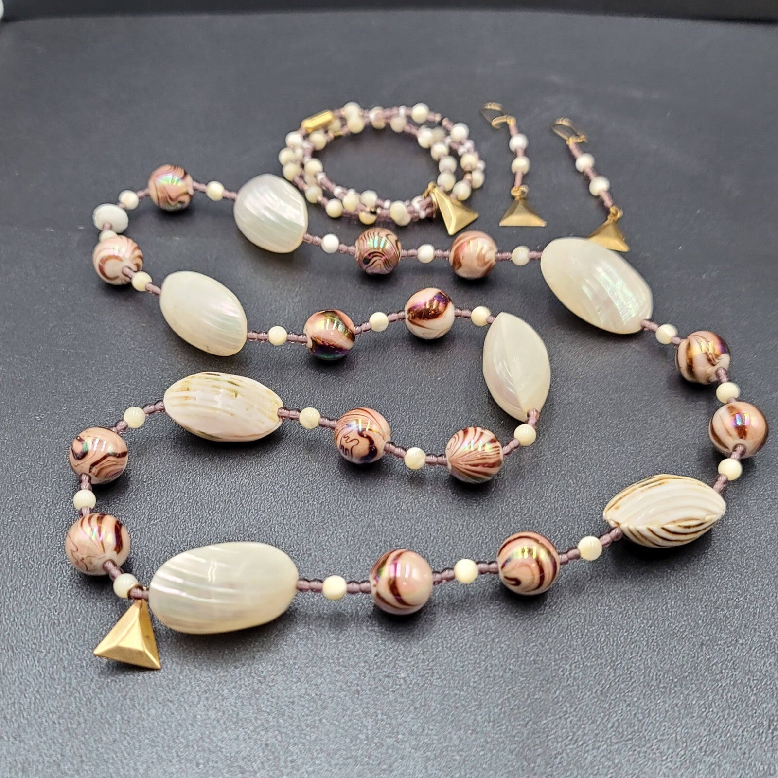 Real Shell Beaded Necklace Bracelet Earrings Set Glass Beads Jewelry Set