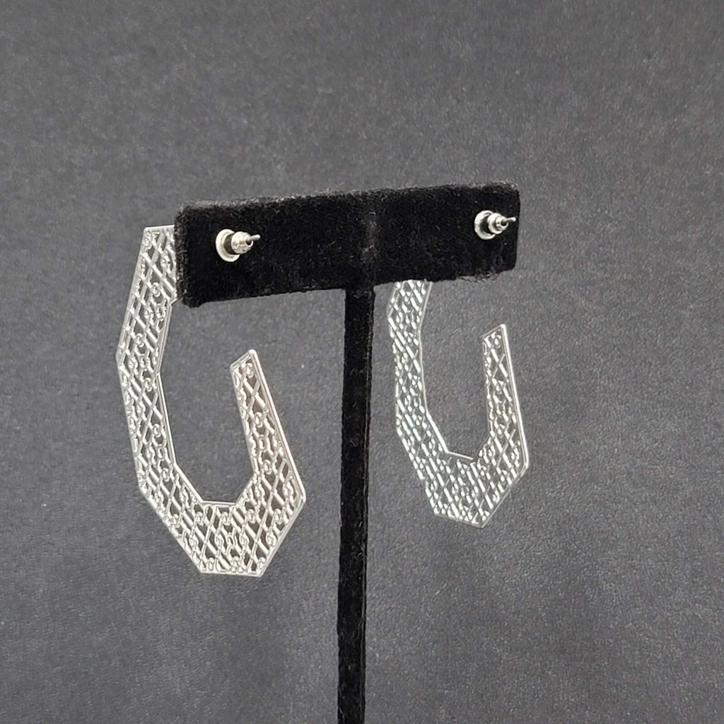 Pierced Earrings Silver tone Open Filigree Statement Hoops 2 1/8"