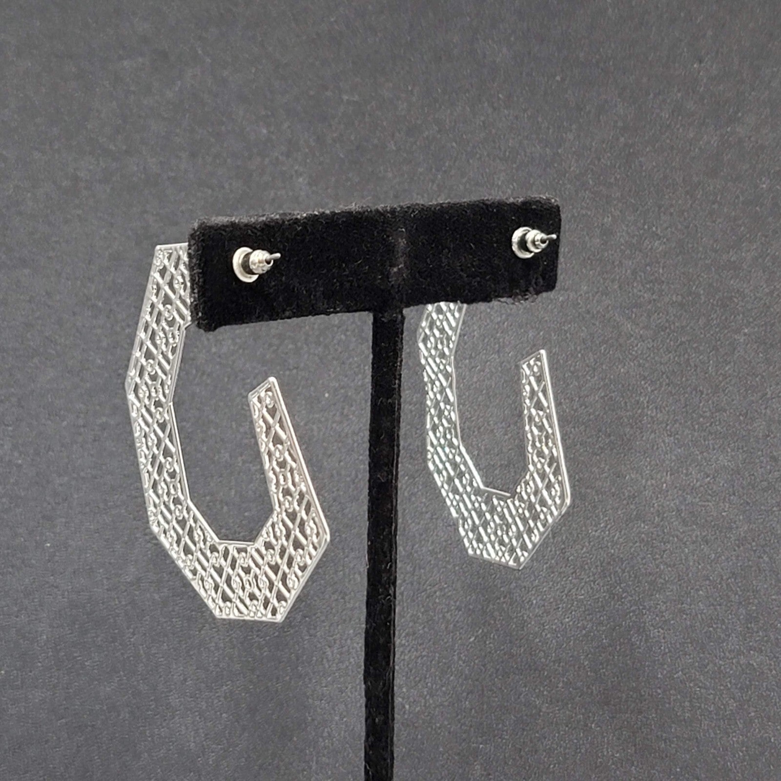 Pierced Earrings Silver tone Open Filigree Statement Hoops 2 1/8"