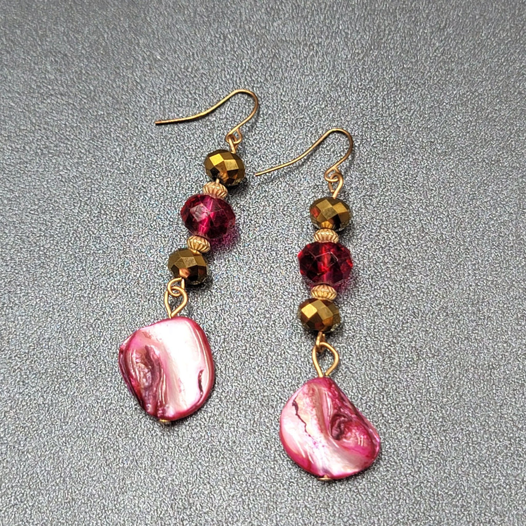 Pierced Earrings Gold tone Pink Beads Dyed Shell Dangle 2 1/8"