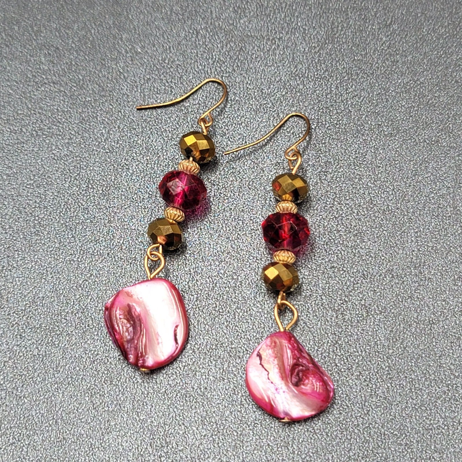 Pierced Earrings Gold tone Pink Beads Dyed Shell Dangle 2 1/8"